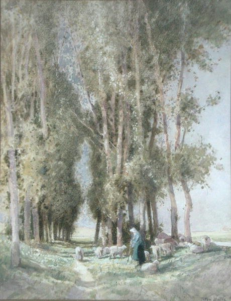En hyrdinde og hendes flok, Holland (akvarel på papir) af William Tatton Winter
