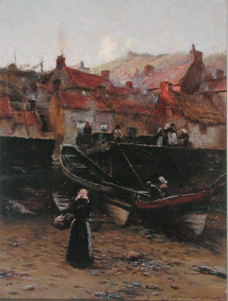Kaj ved Staithes, Yorkshire (olie på lærred) af William Teulon Blandford Fletcher