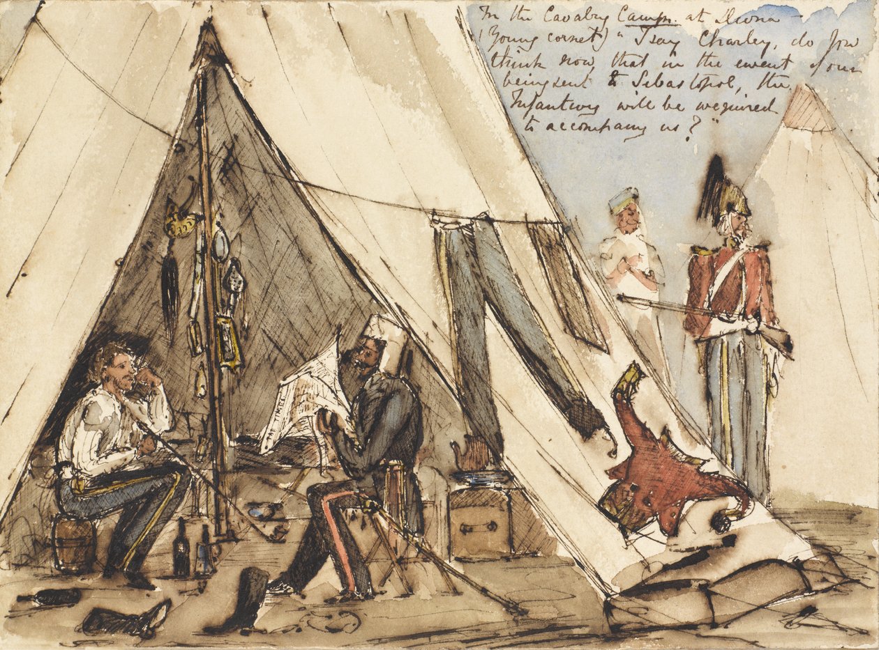 I kavaleriets lejr i Devna (ung kornet) ?Jeg siger Charley, tror du nu, at hvis vi bliver sendt til Sebastopol, vil infanteriet være nødt til at ledsage os?, ca. 1854 (pen og blæk og wc) af William Thomas Markham