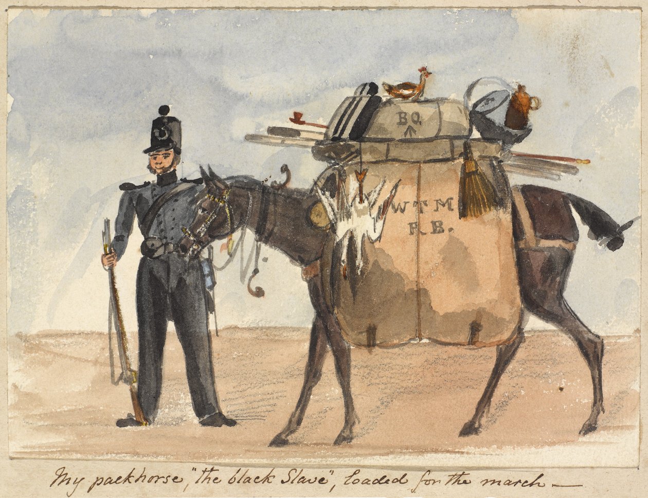 Min pakkehest, den sorte slave, læsset til marchen, ca. 1854 (akvarel og blyant på papir) af William Thomas Markham