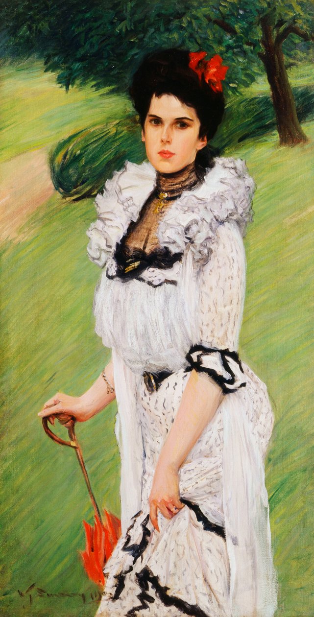 Den hvide kjole - Portræt af en ung kvinde i en park, 1903 af William Thomas Smedley