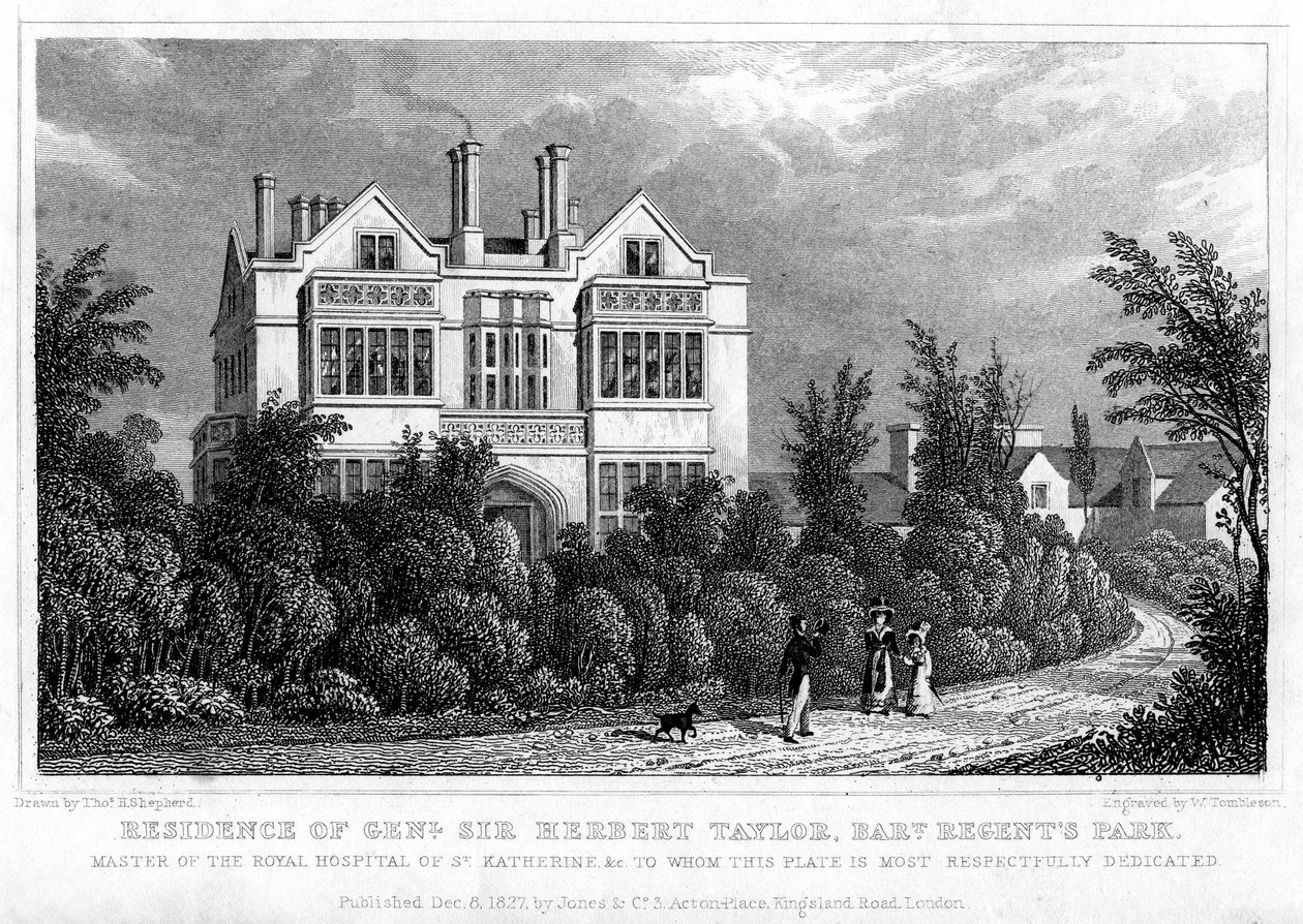 General Sir Herbert Taylors residens, Baronet, Regents Park, London, 1827. af William Tombleson