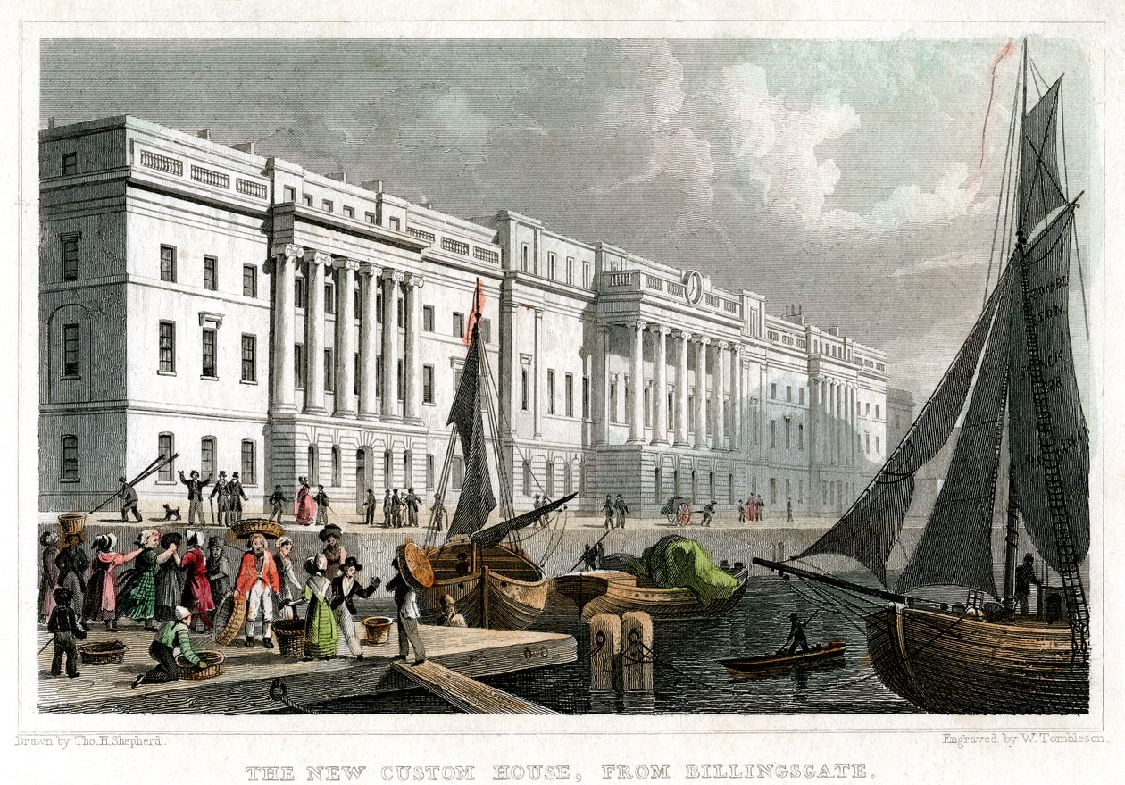 Det nye Custom House, fra Billingsgate, City of London, c1830. af William Tombleson