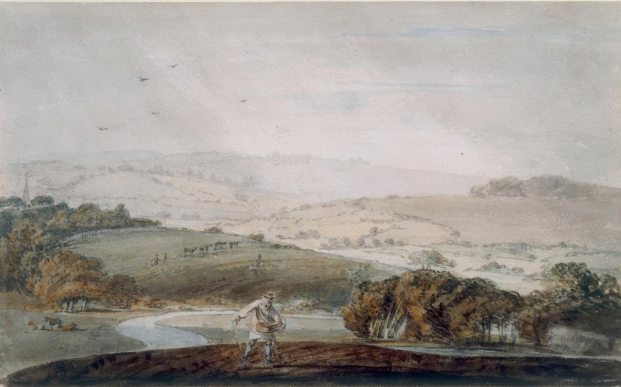 En bonde, der sår, en floddal og rullende bakker hinsides af Joseph Mallord William Turner