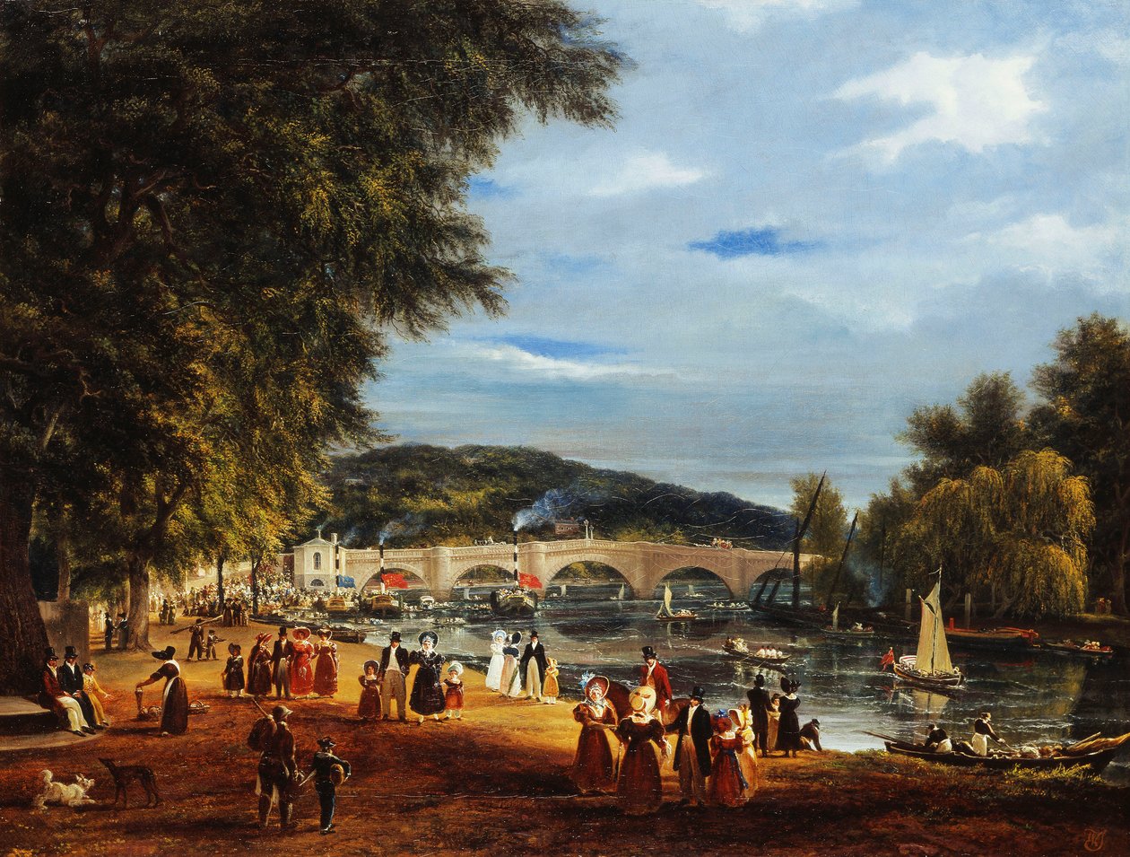 En udsigt over Richmond Bridge med både på floden og figurer, der promenerer, af Joseph Mallord William Turner