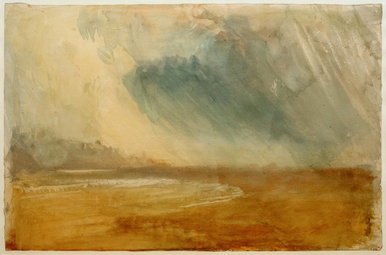 Regnskyer, der fejer over en strand: muligvis nær Dunstanburgh Castle af Joseph Mallord William Turner