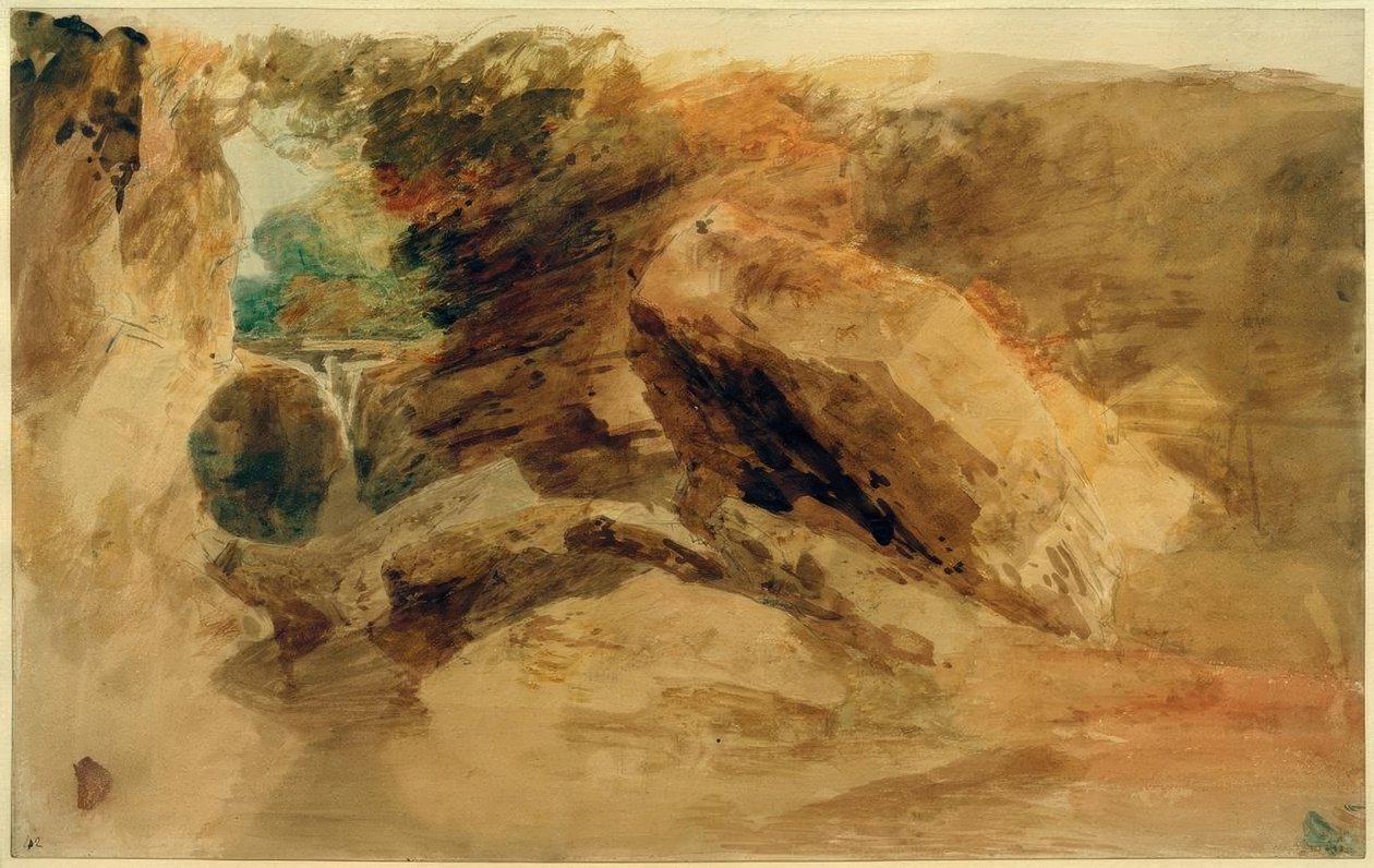 Klipper under en klippe, med en strøm, der falder ned i den smalle kanal af Joseph Mallord William Turner