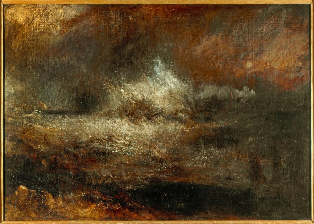 Stormfuldt hav med flammende vrag af Joseph Mallord William Turner
