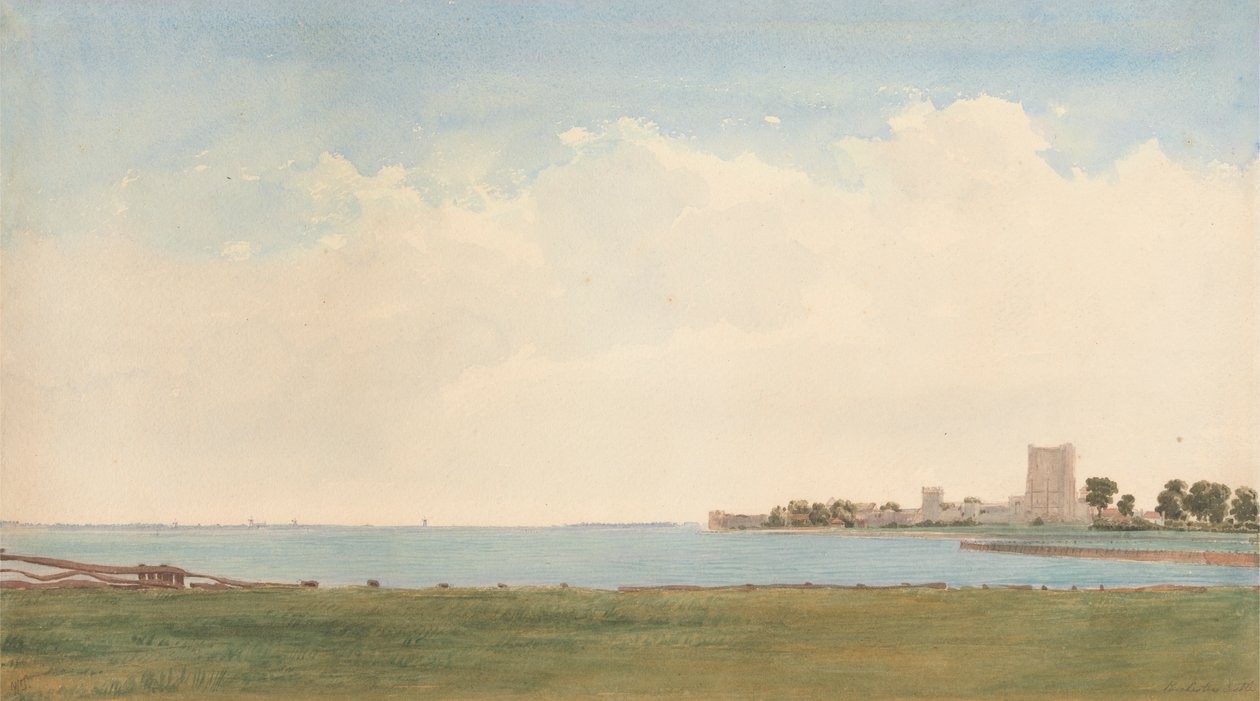 Portchester Castle: En udsigt fra Portchester Village ser over vandet til Portsmouth af William Turner of Oxford