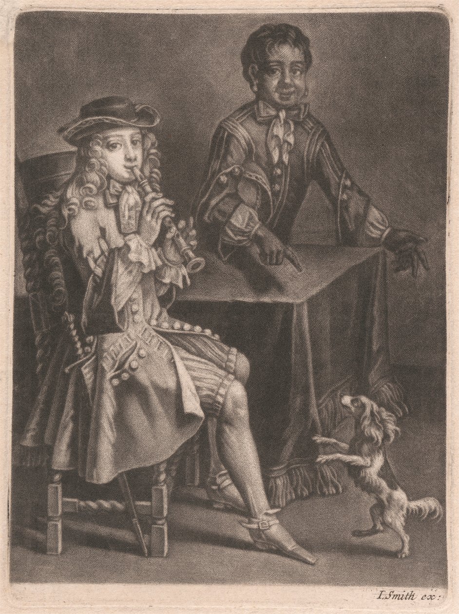 To unge mænd, den ene spiller blokfløjte, den anden peger på en dansende hund af William Vincent