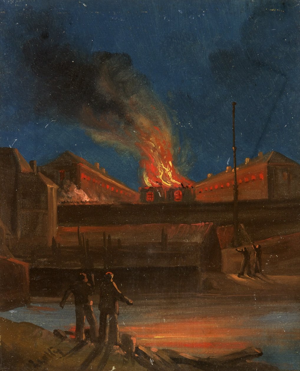 Bristol Riots: The Gaol Burning, ca. 1831 (olie på papir) af William W. Wheatley