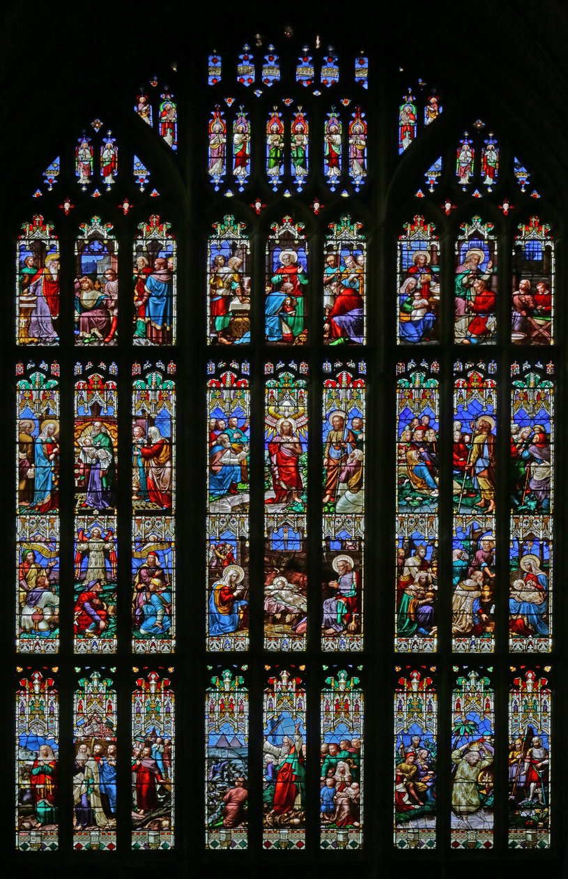 Fødselen og dåbens tema, 1859 (farvet glas) af William Wailes