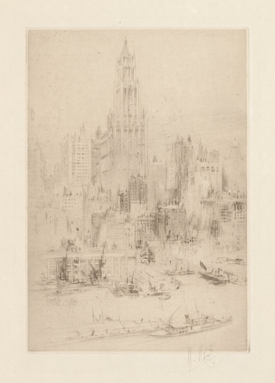 Downtown Manhattan fra East River, med Woolworth Building af William Walcot