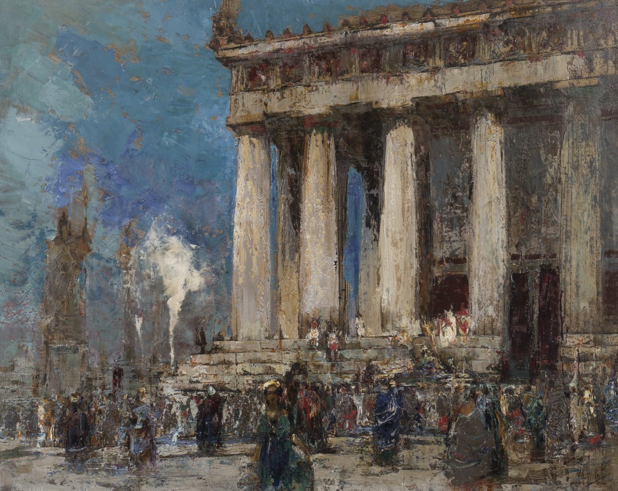 Græsk tempel, 1919 (olie over ætsning på papir) af William Walcot