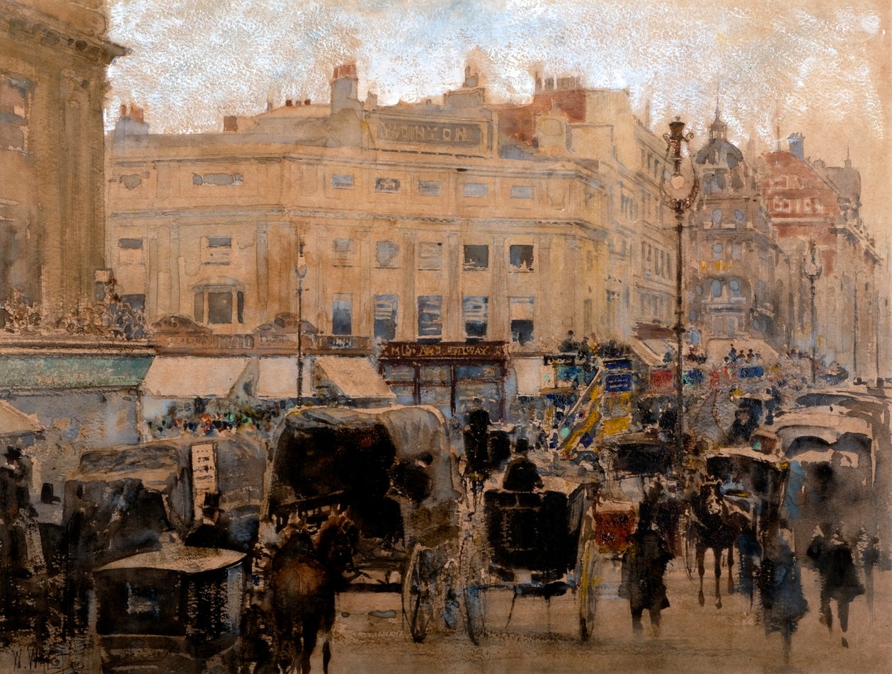 Rush Hour, Oxford Circus (akvarel med lak og bodycolour på tonet papir) af William Walcot