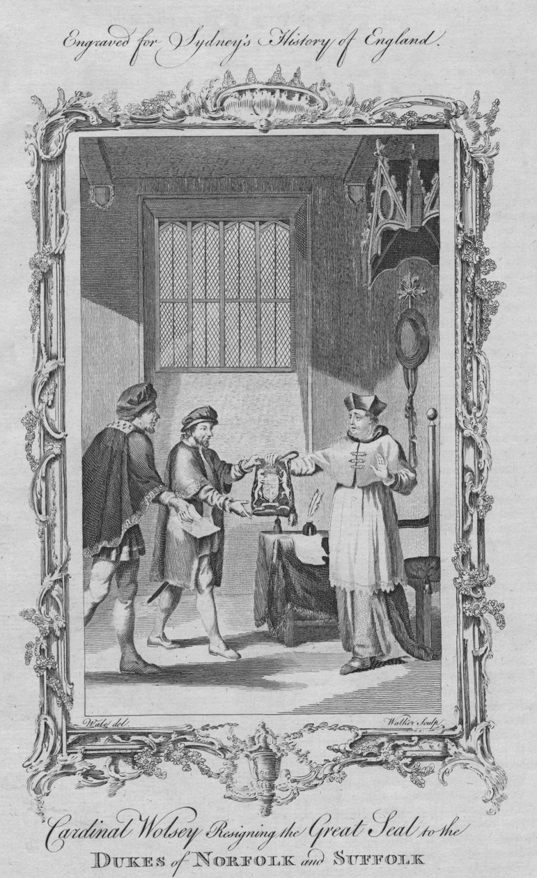 Kardinal Wolsey fratrådte det store segl for hertugerne af Norfolk og Suffolk, 1773. af William Walker