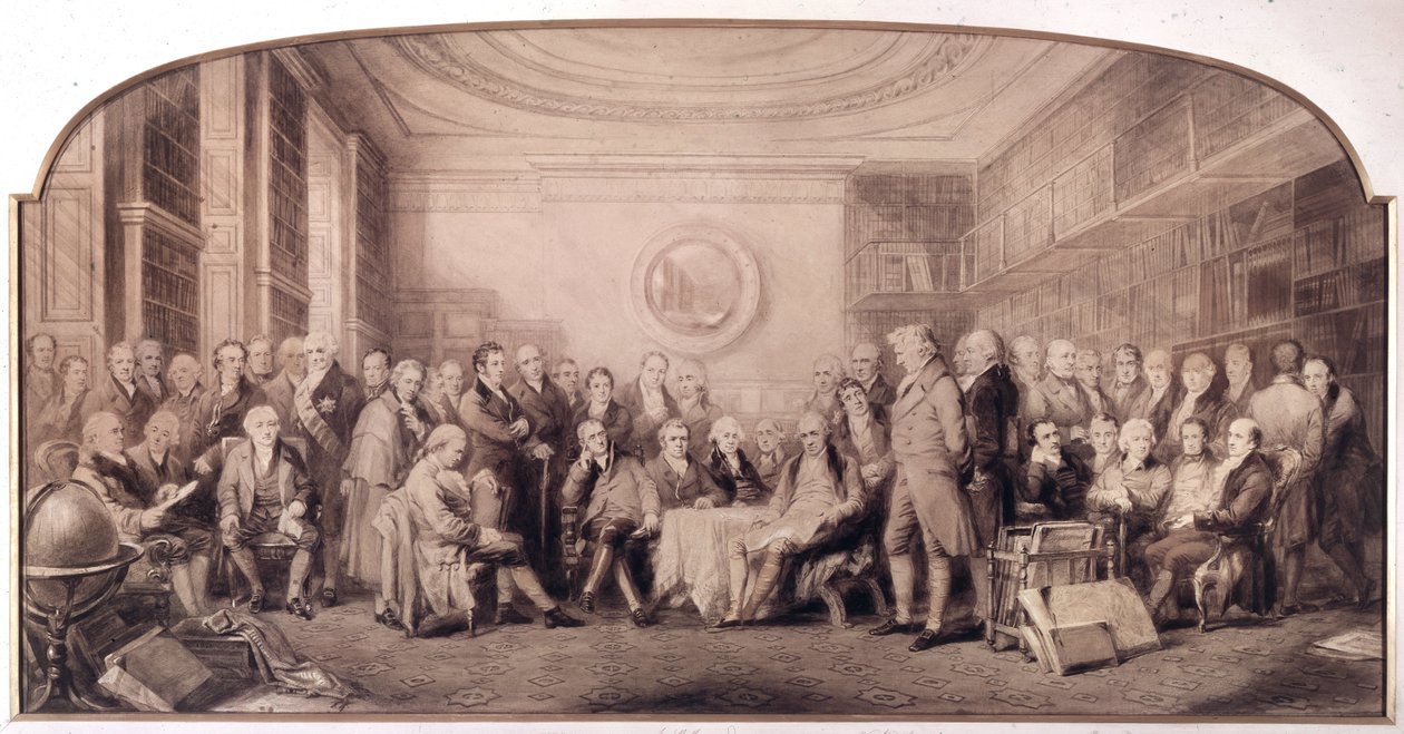 Videnskabens eminente mænd i 1807-1808. Møde i biblioteket på Royal Institute of Sciences, England. Gravering af William Walker og Sir John Gilbert (1817 - 1897) - Eminent Men of Science Living in 1807 - Eminent Men of Science af William Walker