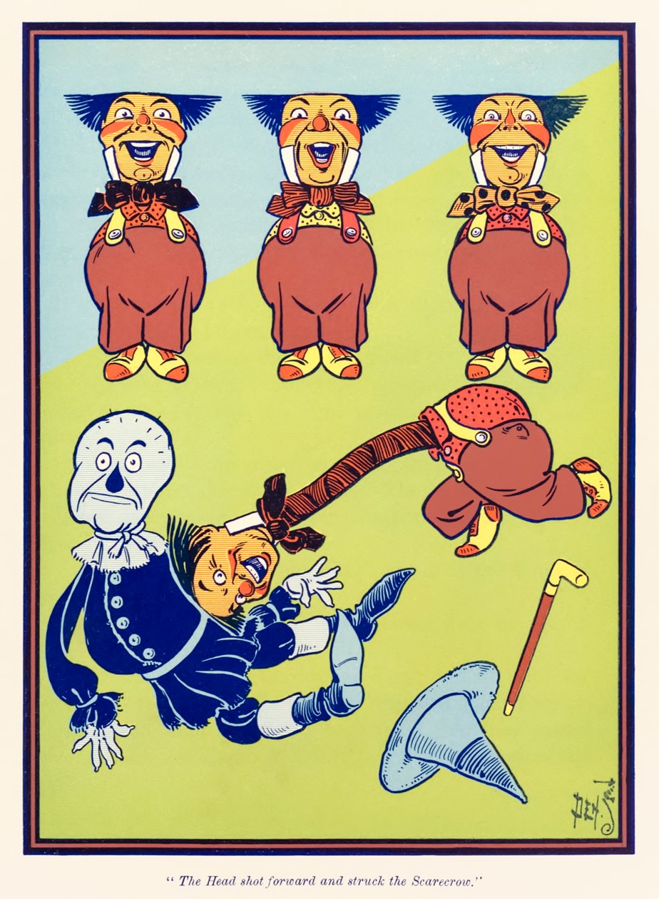 Hovedet skød frem og ramte fugleskræmselet. fra The Wonderful Wizard of Oz af L. Frank Baum af William Wallace Denslow