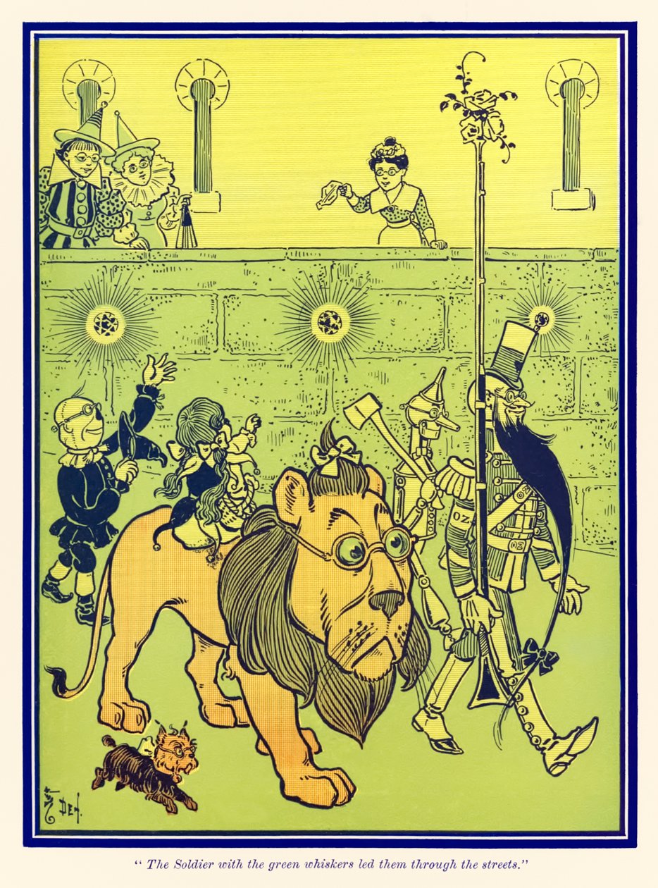 Soldaten med de grønne knurhår førte dem gennem gaderne. fra The Wonderful Wizard of Oz af L. Frank Baum af William Wallace Denslow