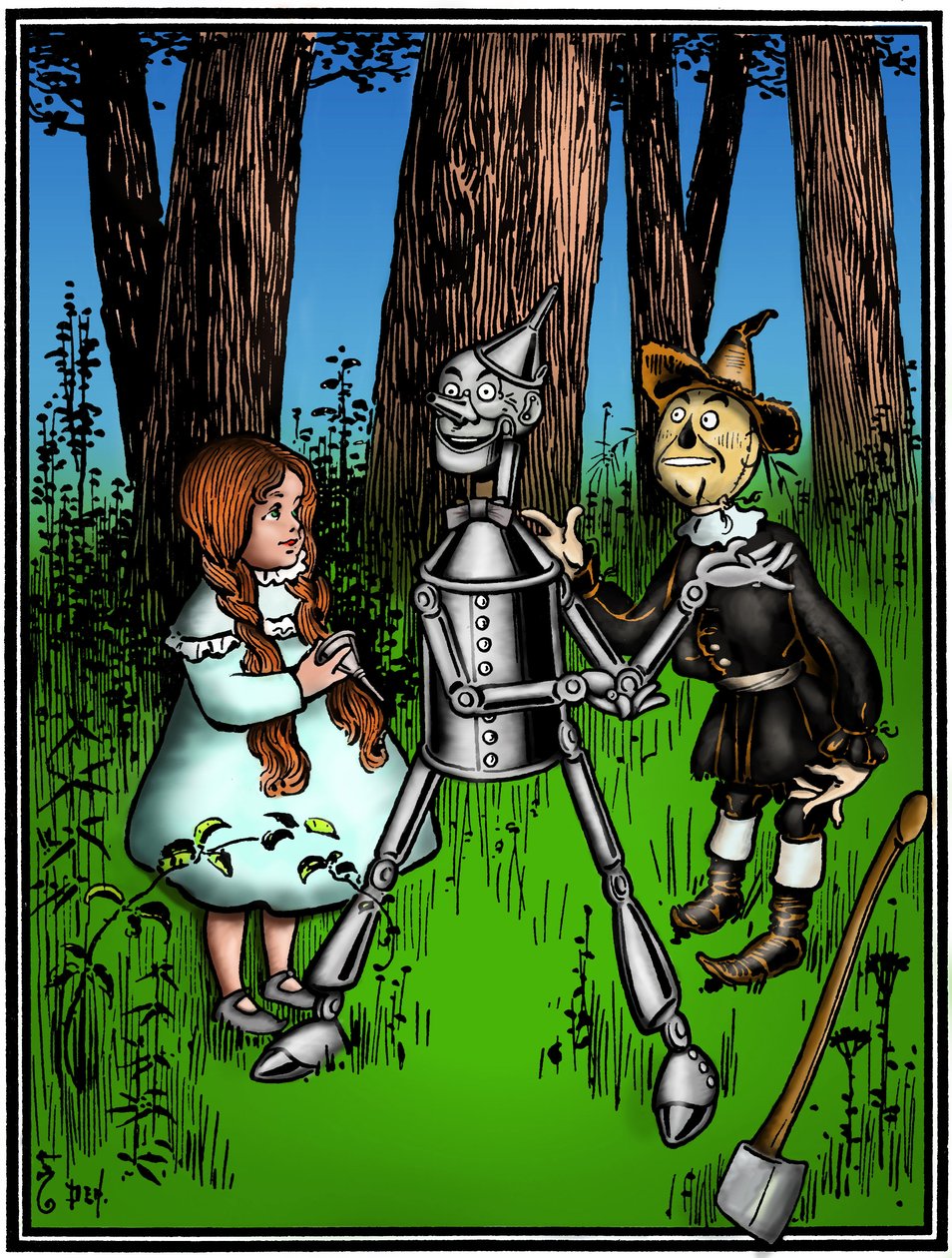 The Wizard of Oz: tegning af Denslow, William Wallace (1856-1919) til den første udgave i 1900 af Frank Baums bog (1856-1919) - Dorothee (Dorothy) assisteret af fugleskræmselen, hjalp blikskovmanden - af William Wallace Denslow