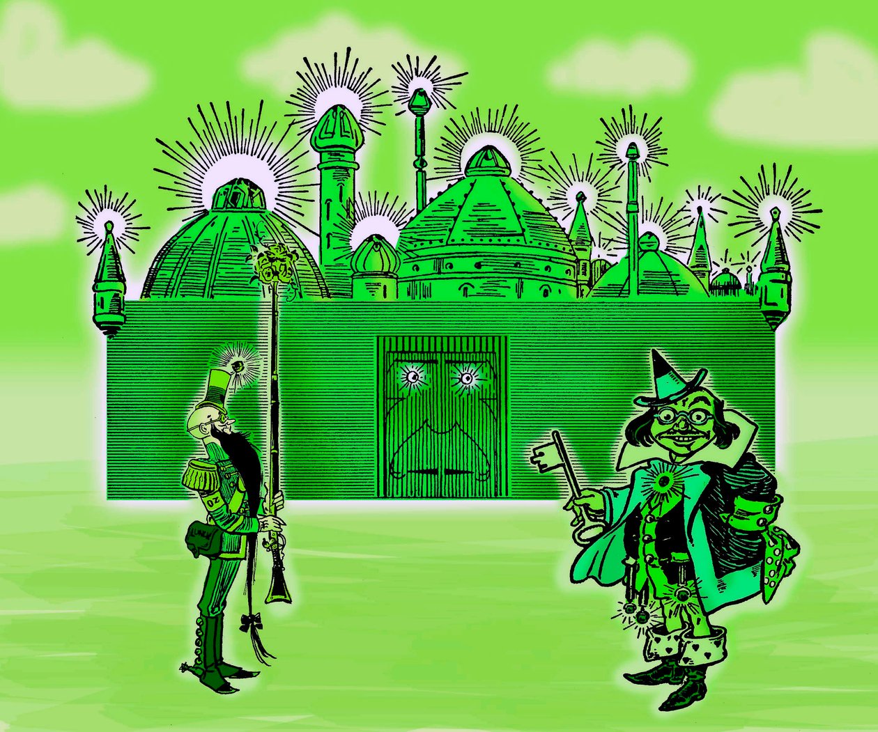 The Wonderful Wizard of Oz - The Wizard of Oz: Redigering af tre billeder af Denslow, William Wallace (1856-1915) til den første udgave 1900 af Frank Baums bog (1856-1919) - The Emerald City and its two Guardians - farve grøn , grøn - The Emerald City - af William Wallace Denslow