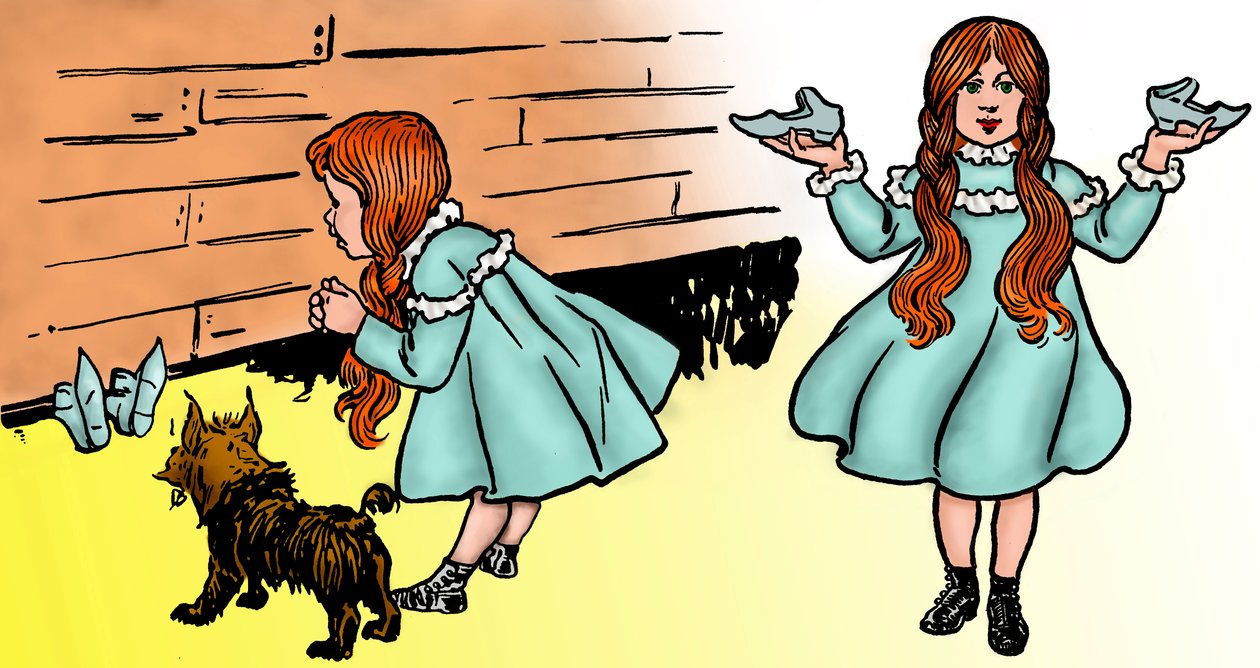 The Wonderful Wizard of Oz - The Wizard of Oz: Redigering af to billeder af Denslow, William Wallace (1856-1915) lavet til den første udgave 1900 af Frank Baums bog (1856-1919) - Dorothee (Dorothy), ledsaget af sin hund Toto , genopretter den magiske sølvs af William Wallace Denslow