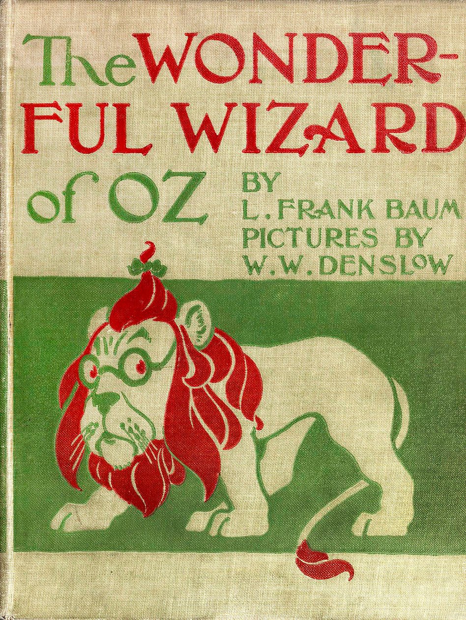The Wonderful Wizard of Oz - The Wizard of Oz: lærredsomslag illustreret af Denslow, William Wallace (1856-1915) af den første udgave 1900 af Frank Baums bog (1856-1919) -den skræmmende løve (poltron) - privat samling - af William Wallace Denslow