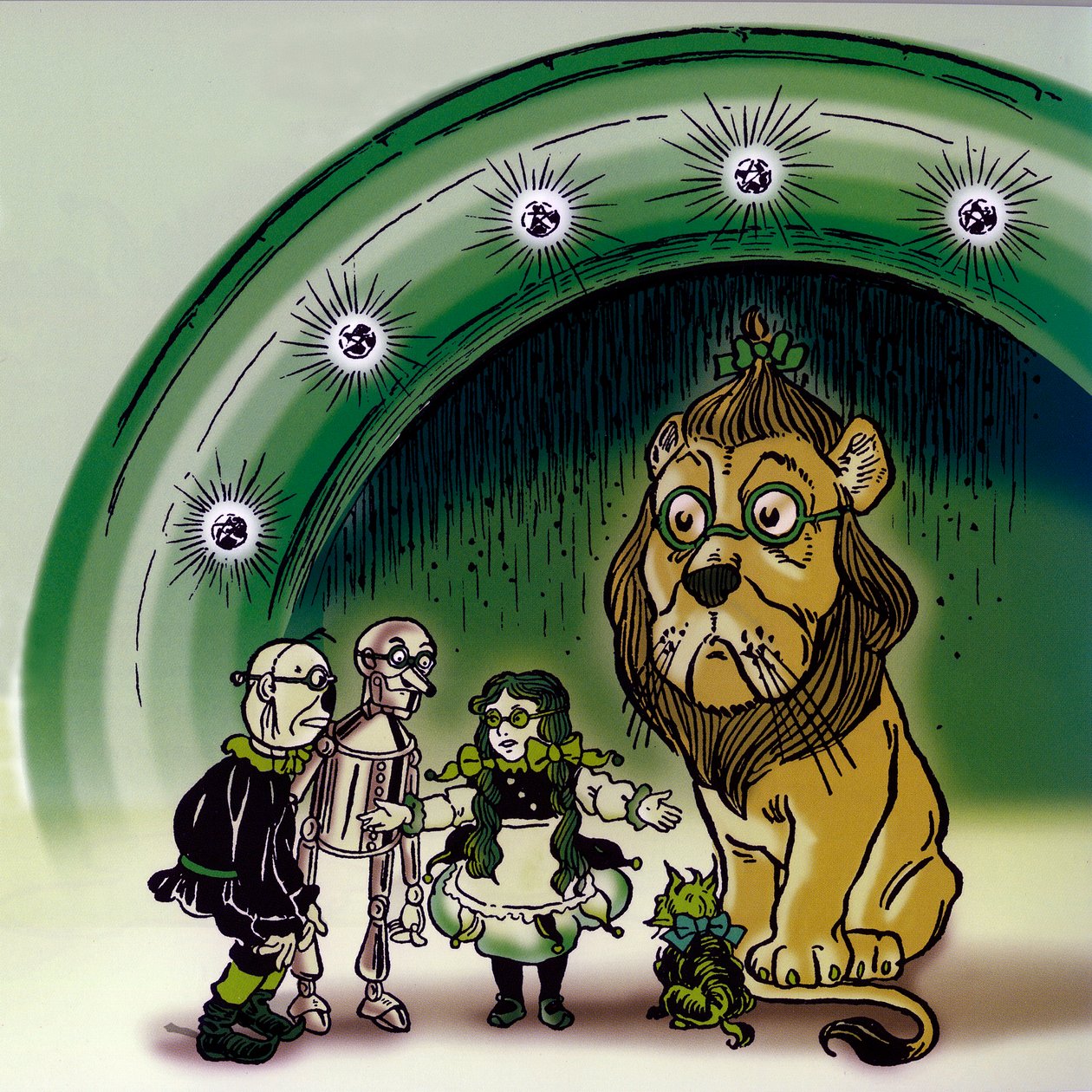 The Wonderful Wizard of Oz - The Wizard of Oz: tegning af Denslow, William Wallace (1856-1915) til en af de første udgaver af Frank Baums bog (1856-1919) - Foran Emerald City Palace Dorothee (Dorothy) og hans venner, hunden Toto, forskrækkelsen af William Wallace Denslow