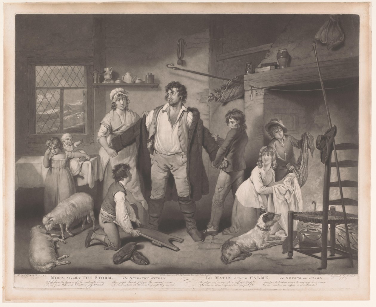 Familie byder far velkommen hjem efter storm Morgen efter stormen, ægtemandens tilbagevenden / Le Matin devenue Calme, le retour du mari (titel på objektet) af William Ward
