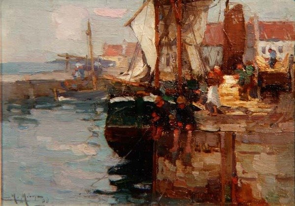 Fiskeri på kajen af William Watt Milne