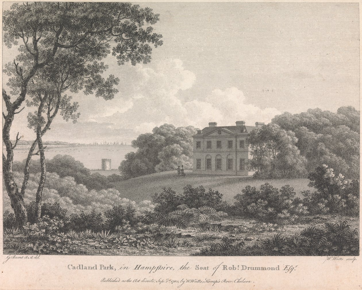 Cadland Park, i Hampshire, sæde for Robert Drummond, Esquire (udgivet af W. Watts); side 56 (bind 1) af William Watts