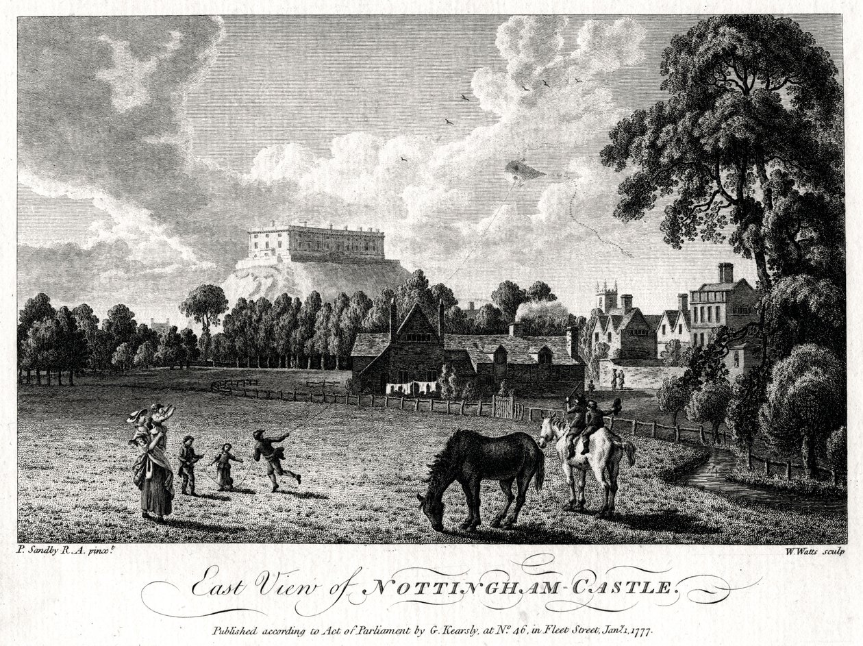 Østudsigt over Nottingham Castle, Nottinghamshire, 1777 af William Watts