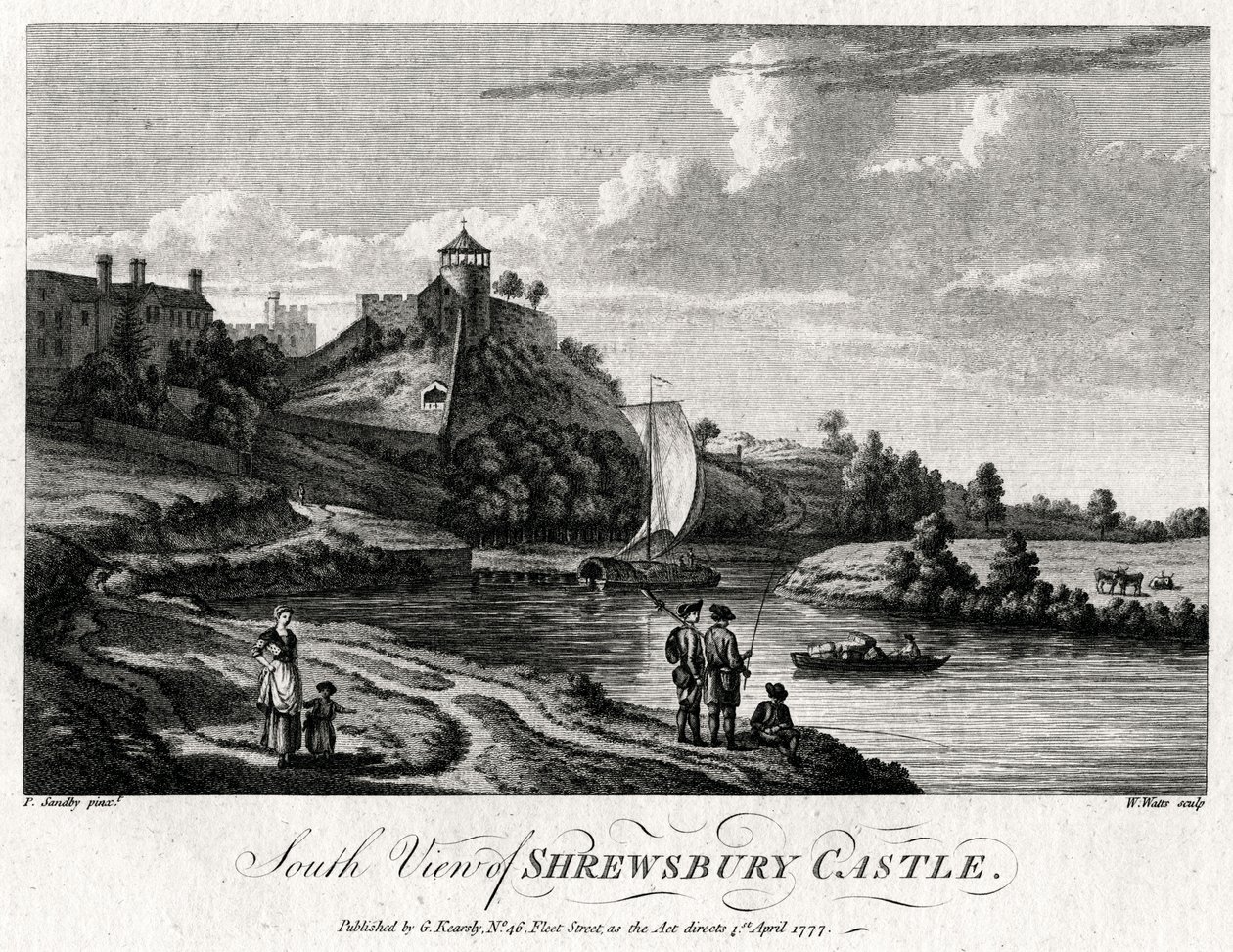 Sydlig udsigt over Shrewsbury Castle, Shropshire, 1777 af William Watts