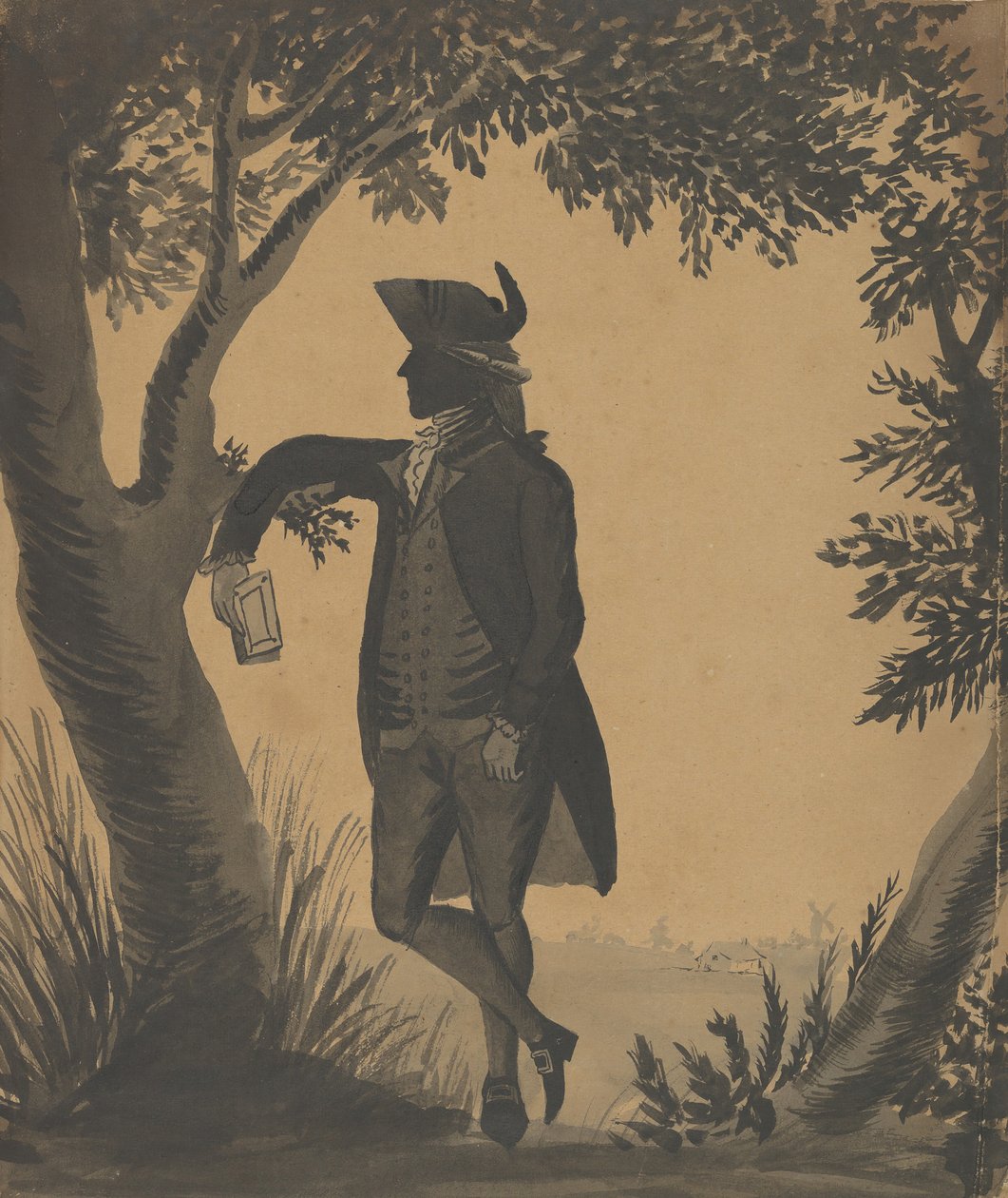 Ung mand læner sig op ad et træ med en bog, ca. 1780-89. af William Wellings