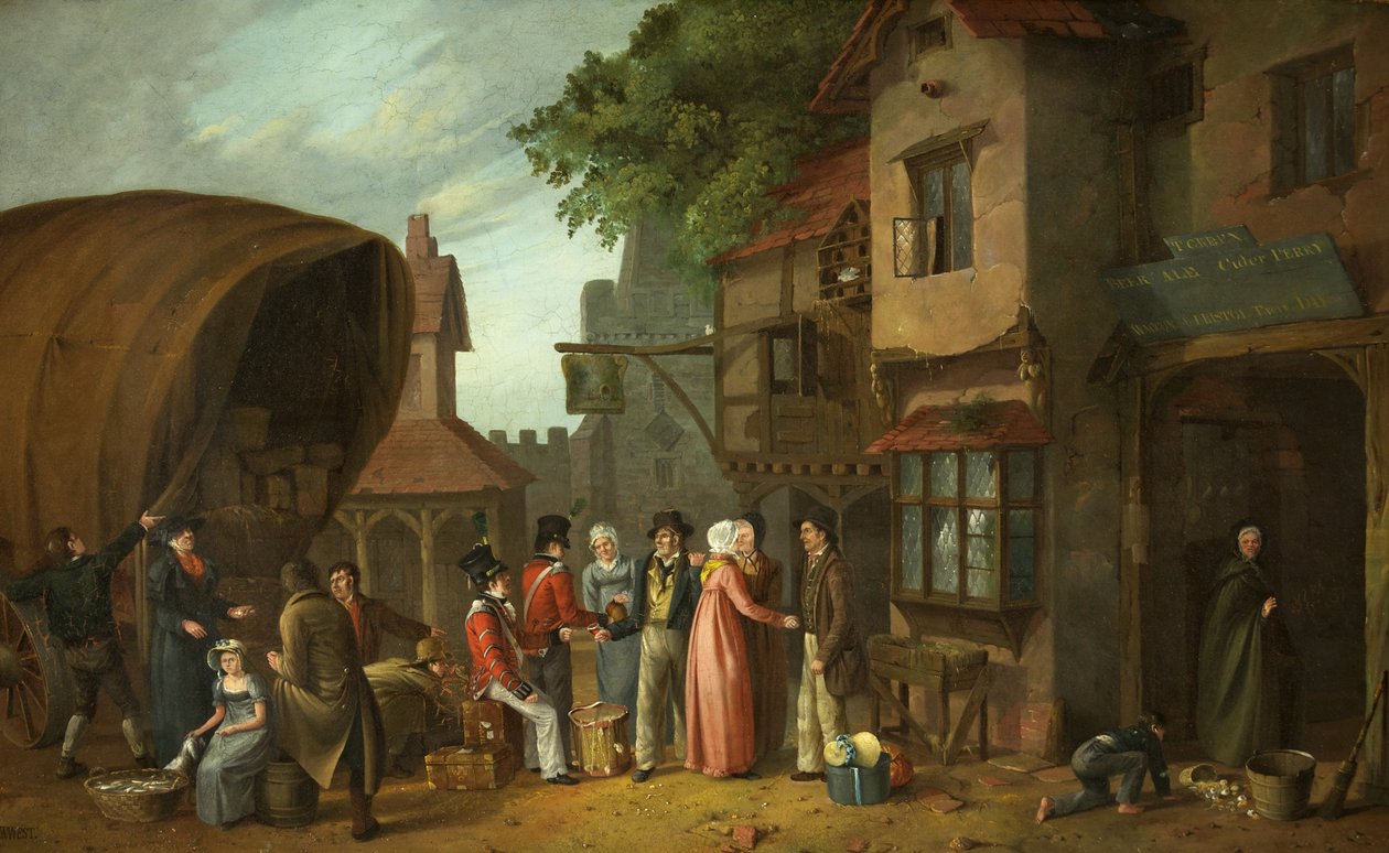 Scene uden for en kro, måske i Congresbury, Somerset, ca. 1824 (olie på panel) af William West