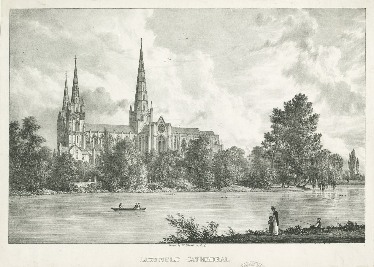 Lichfield Cathedral - South View: litografi, nd [1781-1850] af William Westall