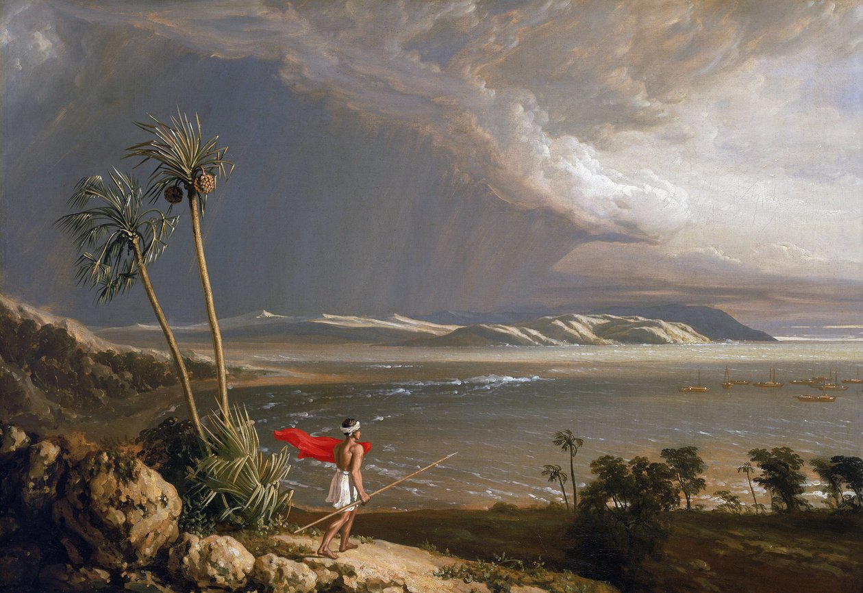 Udsigt over Malay Bay på øen Pobassoo (Australien) i februar 1803. Olie på lærred, begyndelsen af det 19. århundrede, af William Westall (1781-1850). af William Westall