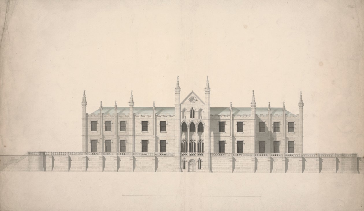 Forhøjelse af et foreslået design for Cambridge Colleges af William Wilkins