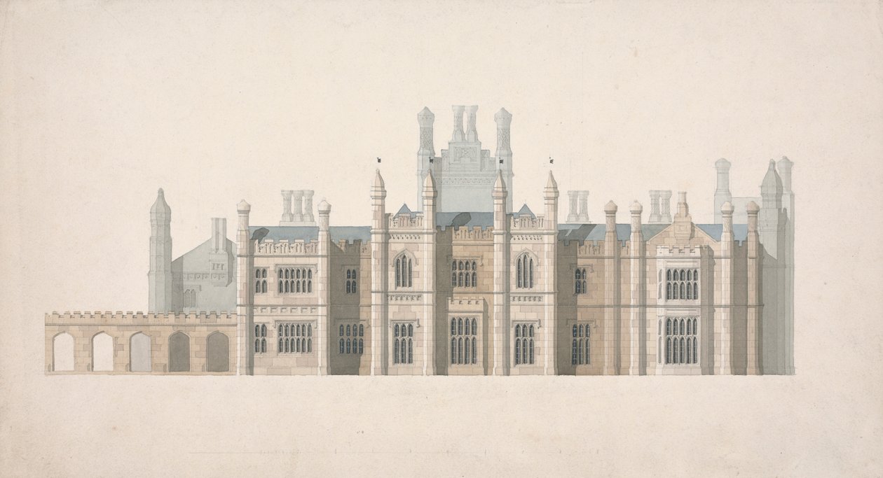 Forhøjelse af et foreslået design for Cambridge Colleges af William Wilkins
