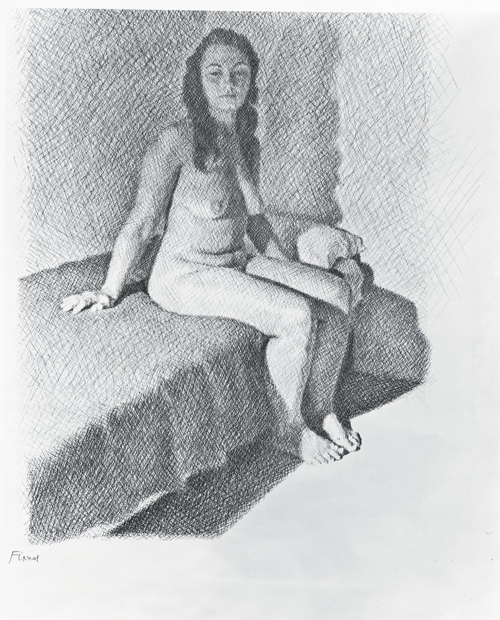 Siddende nøgen, ca. 1968-74 (blyant på papir) af William Wilkins