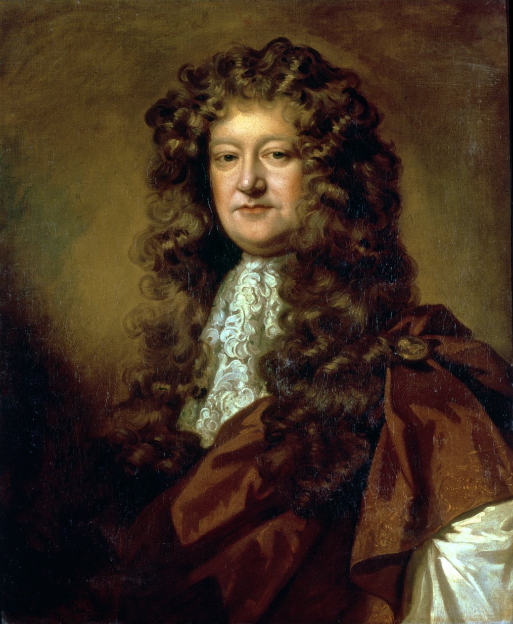 Portræt af en herre i brun kappe og hvid jabot af William Wissing or Wissmig
