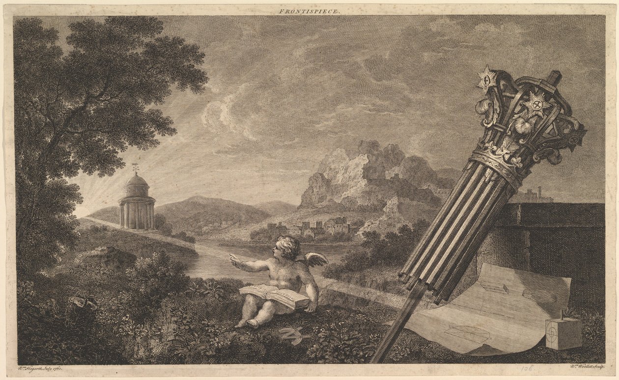 Frontispice til Joshua Kirbys Perspective of Architecture 1761, juli 1760. af William Woollett