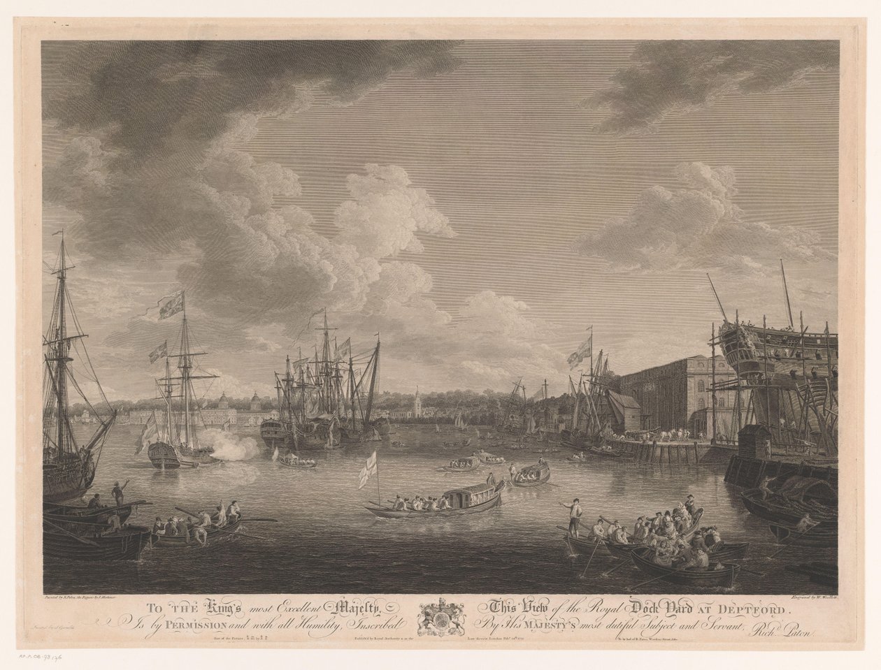 Udsigt over Deptford Shipyard (...) Udsigt over Royal Dock Yark ved Deptford (...) (titel på objekt) af William Woollett
