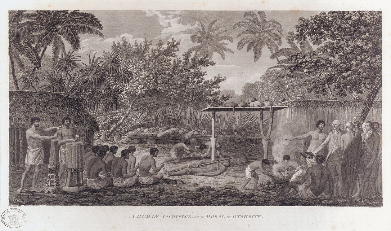 Menneskeofring på Tahiti i det sydlige Stillehav, c1773 af William Woollett