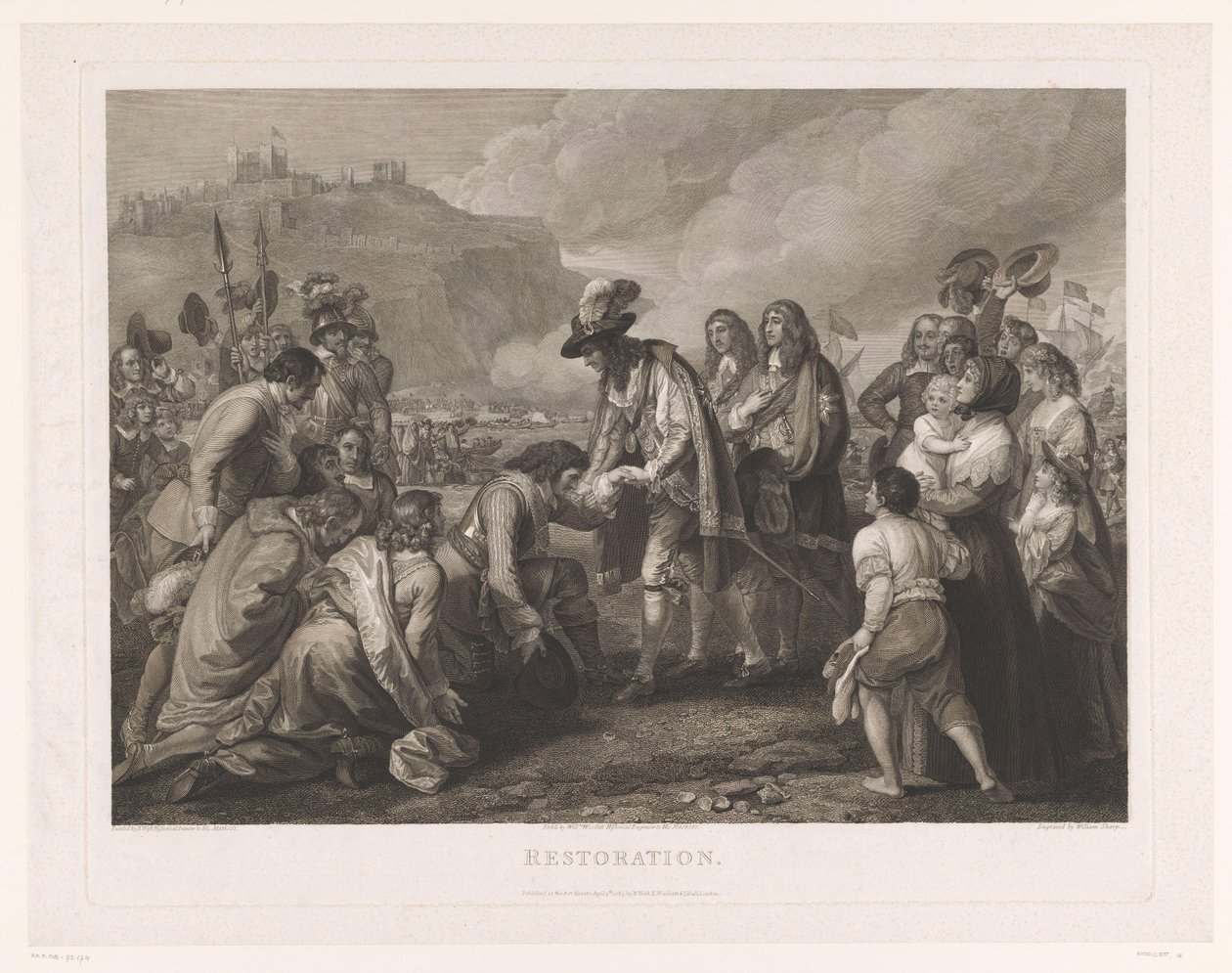 Charles II af England ankommer til stranden ved Dover den 25. maj 1660 Restaurering (titel på objekt) af William Woollett