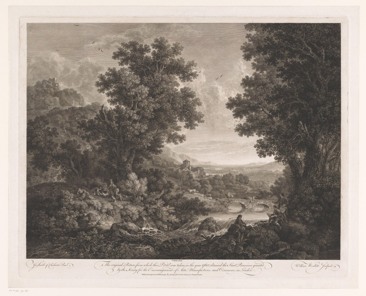 Landskab med figurer omkring et bål og en tegner og shawm-spiller på bredden af ​​en flod Første Premium Landskab af William Woollett