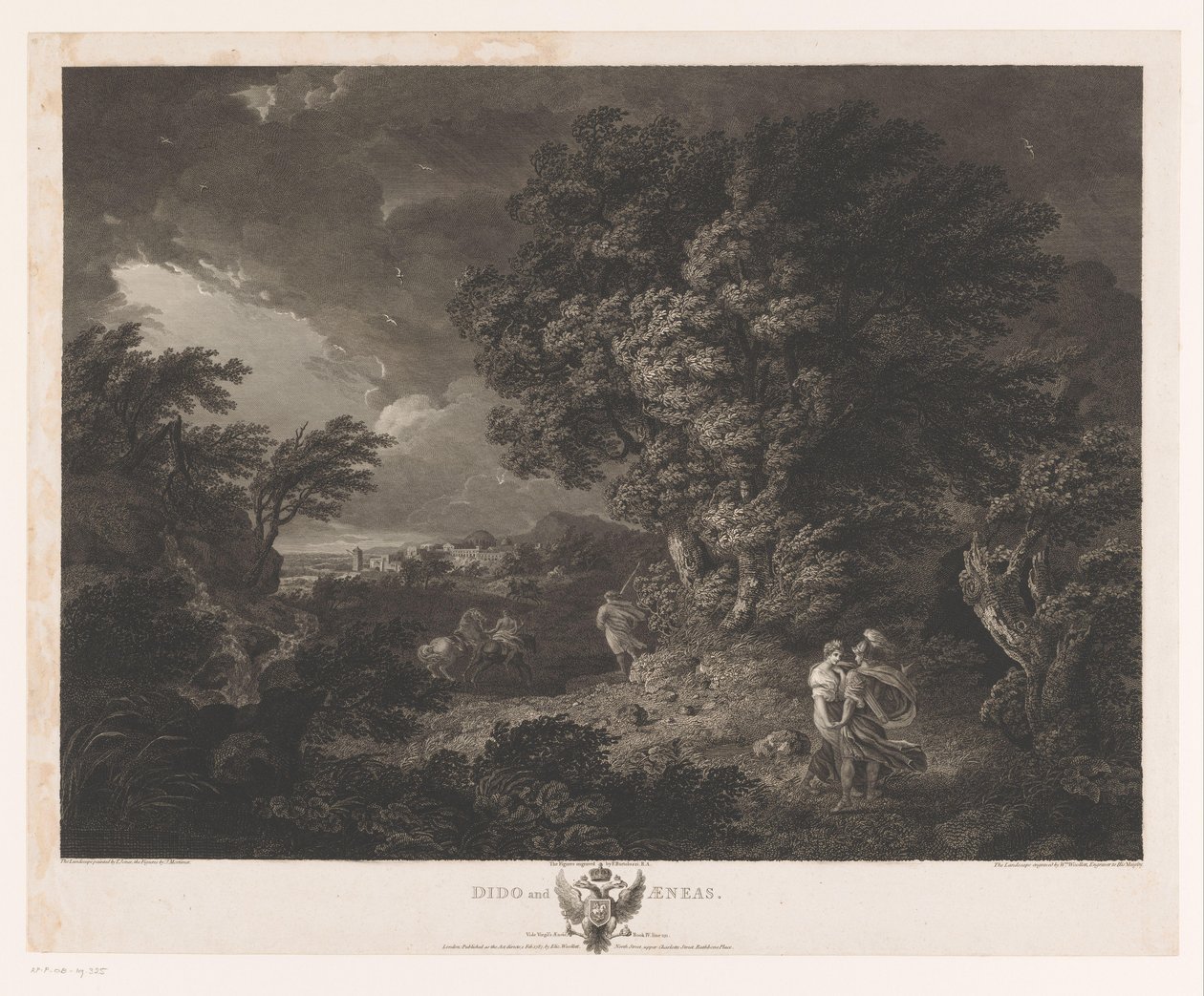 Stormfuldt landskab med Dido og Aeneas Dido og Aeneas (titel på objekt) af William Woollett
