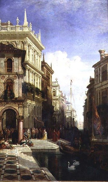 En Capriccio udsigt over Venedig med en prinsesse, der bliver vist til en gondol på bagsiden af Scuola di San Marco af William Wyld