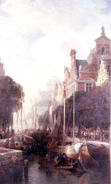 Udsigt over en kanal i Rotterdam (olie på lærred) af William Wyld