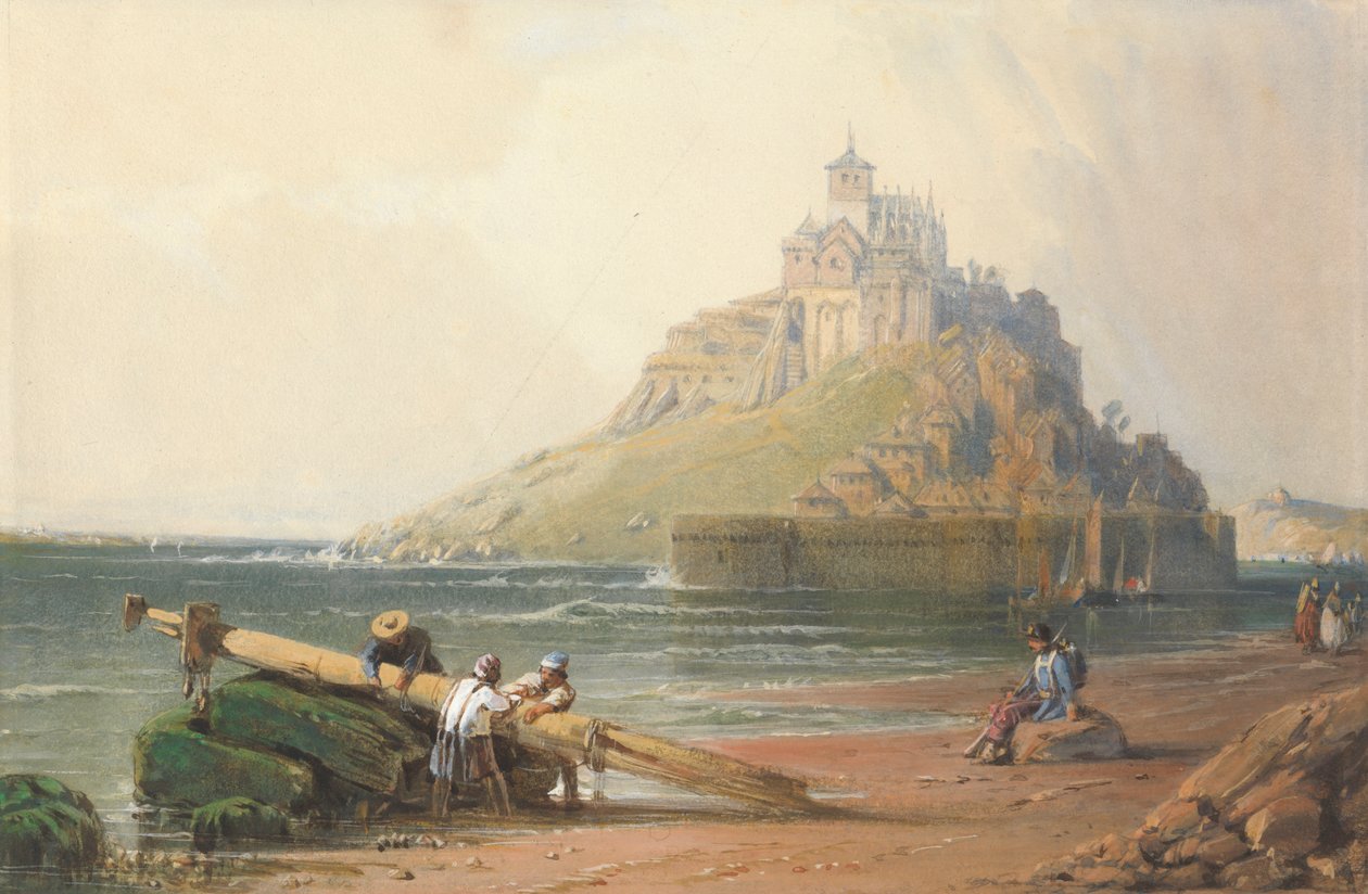 Udsigt over Mont St. Michel med figurer på stranden af William Wyld